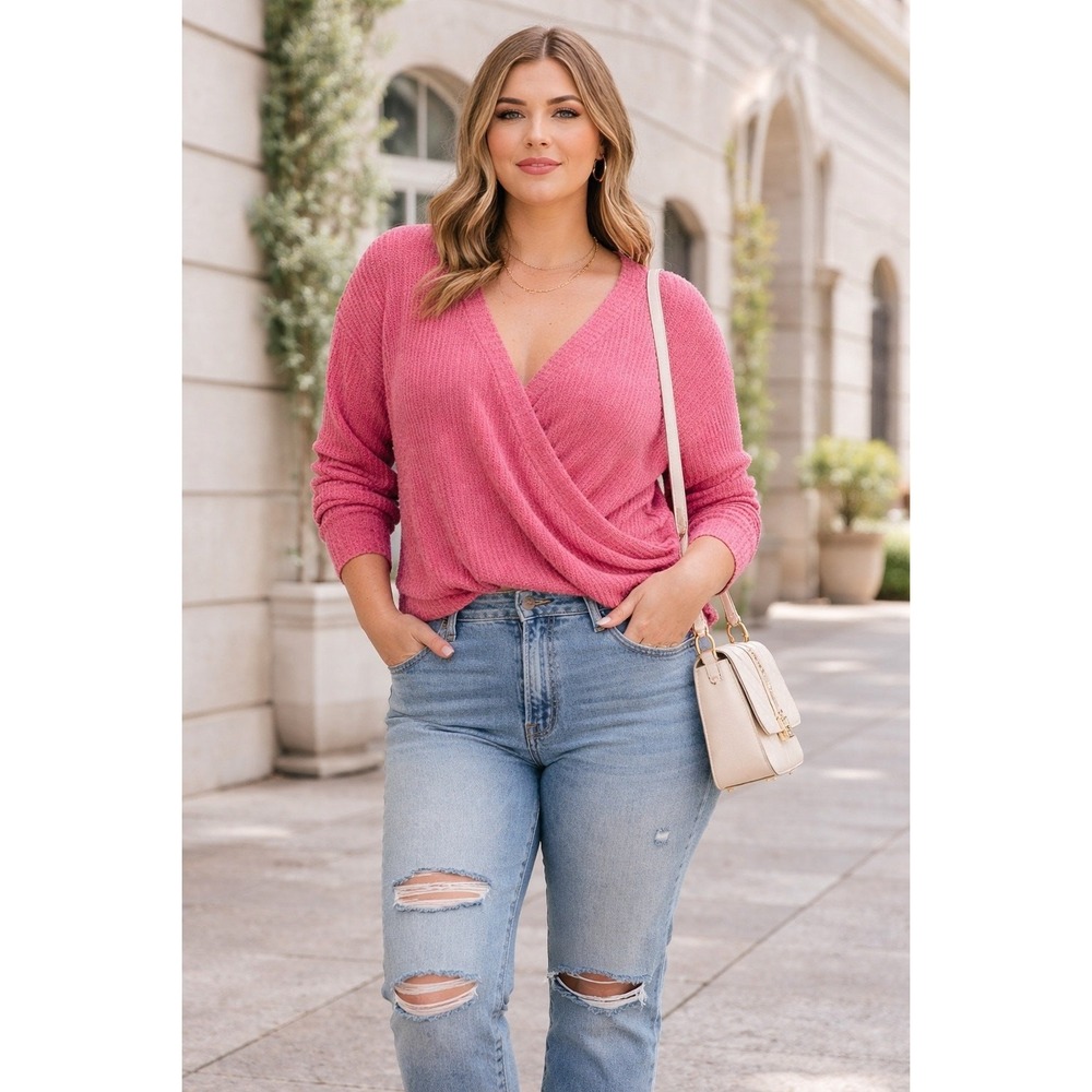 Torrid Sweater Women Size 2 Pink Waffle Knit Wrap Front V Neck Plus Relaxed